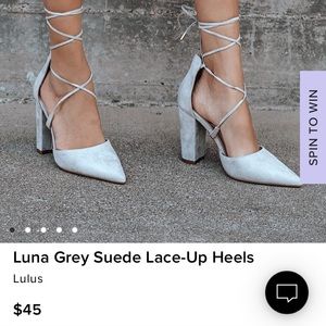 Luna Grey Suede Lace-Up Heels, worn once. Light scuff, shown in photo.
